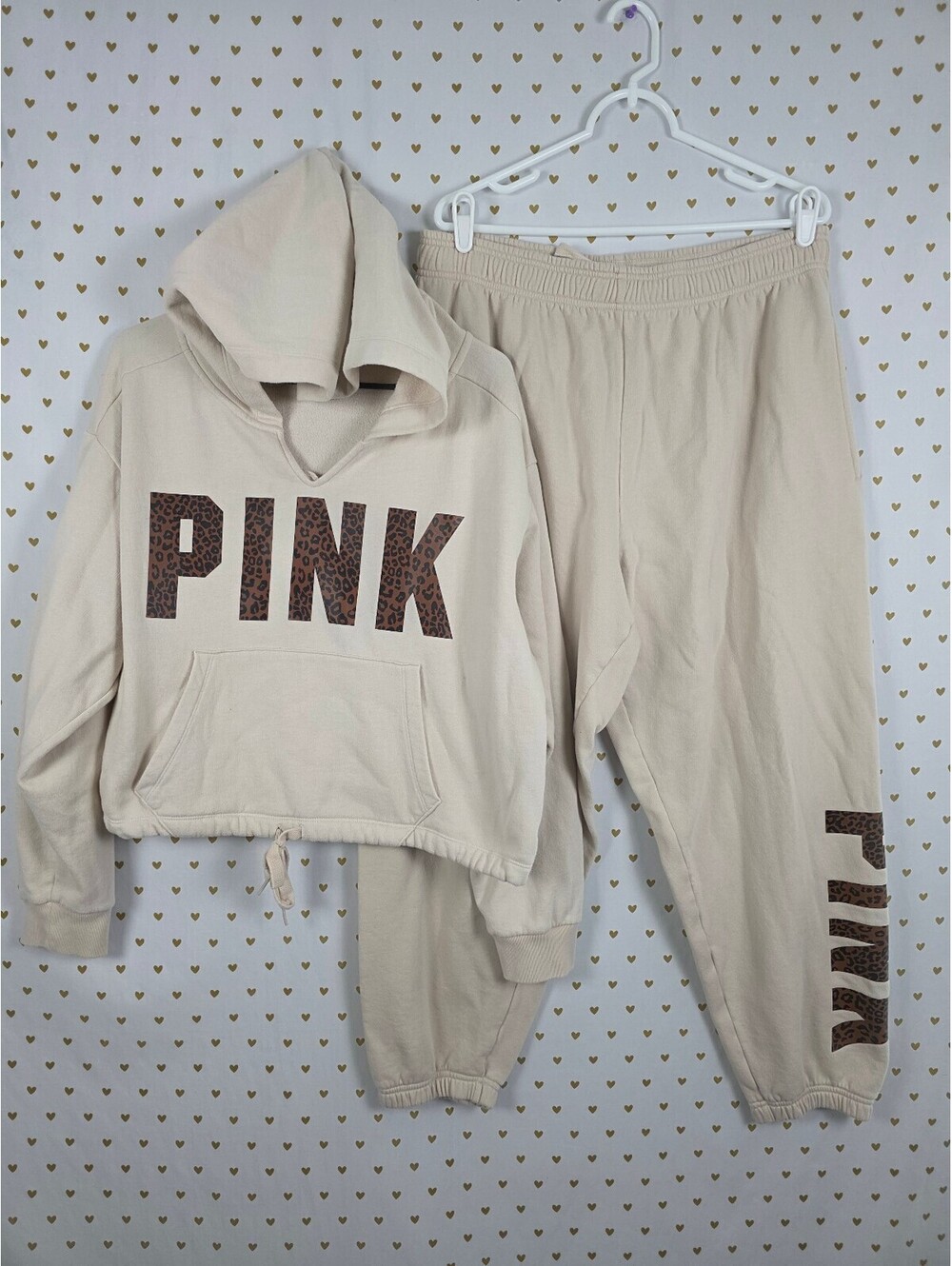Victoria's Secret PINK Leopard Campus Hoodie Sweatpants Set XL 2pc Sweats
